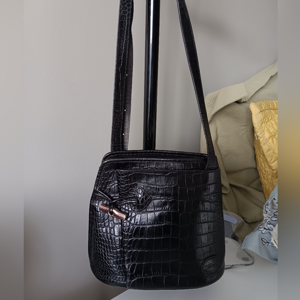 Longchamp Dark Brown Croc-Embossed Crossbody Bag